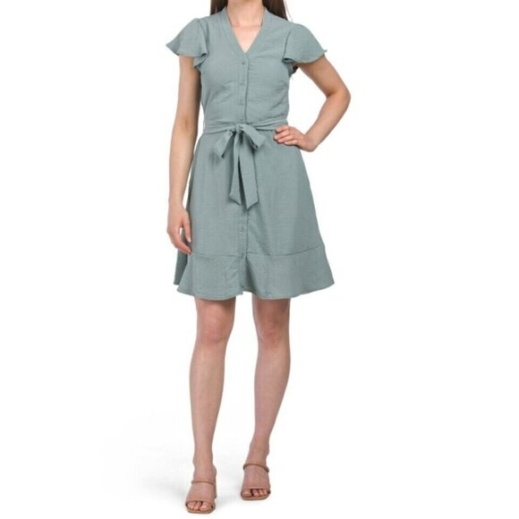 Lucky Brand Women's Shirt Dress Flutter Sleeves Size Large Summer Green Belted - Picture 1 of 12
